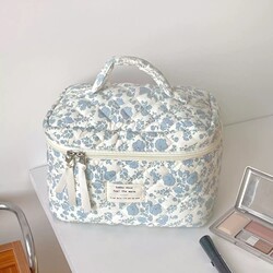 Blue Begonia Flower Cosmetic Bag Retro Toiletry Bag Storage Bag Large Capacity Handbag Portable Travel Bag