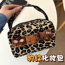 Leopard Print Makeup Bag for Girls, Portable Small Handbag for Going Out, Cute Cartoon Cat Large Capacity Travel Storage Bag