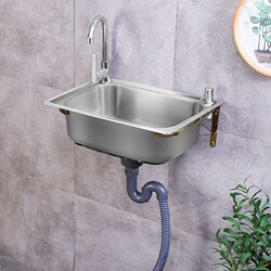 Wall-Mounted Kitchen Sink, Stainless Steel Vegetable Washing Basin, Simple Single-Slot Dishwashing Sink with Stand, Household Wash Basin