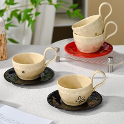 Floral Ceramic Mug for Afternoon Tea, Simple Solid Color Breakfast Cup with Long Handle Design, Stylish Coffee Cup and Saucer with High Aesthetic Value