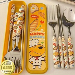 Student-Specific Bread Dog-Shaped Spoon and Fork Cartoon Chopsticks Portable Household Tableware Set Trendy Dormitory Recommended Three-Piece Set