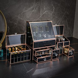 Glass Cosmetics Storage Box, Desktop Dust-Proof Lipstick Box, High-Looking, Large-Capacity Skin Care Product Storage Rack