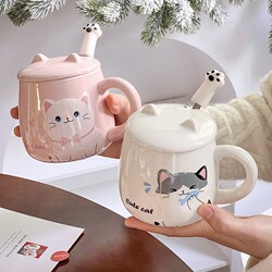 Cat Cup Ceramic Mug with Lid Creative Birthday Gift Home Office Breakfast Cup Coffee Cup for Men and Women