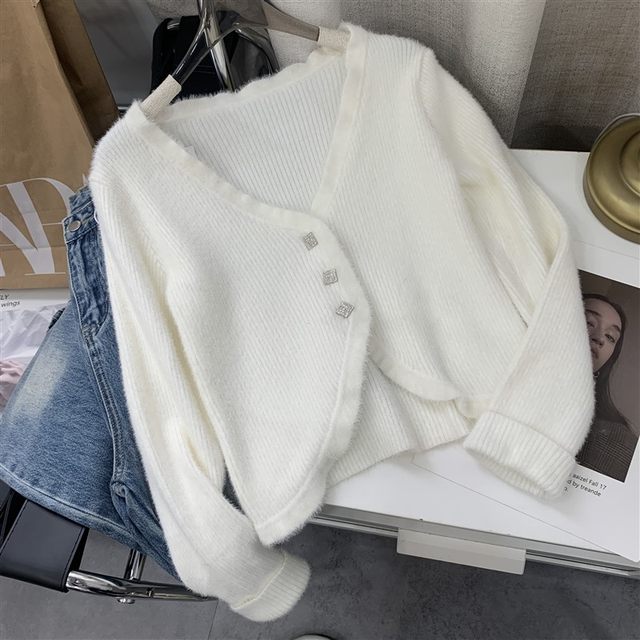 Sweater cardigan 2023 spring and summer new single-breasted solid color V-neck warm long-sleeved women J#22
