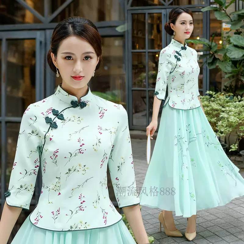 夏中国风女唐装复古茶服汉服改良民国旗袍两件套上衣中式茶艺服装-Taobao