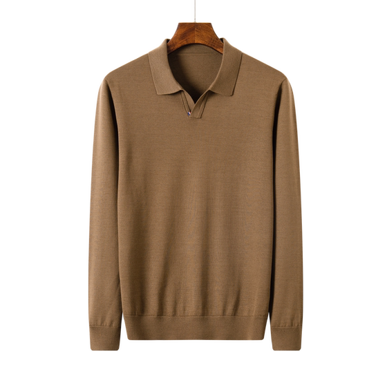 Thin -fine texture sweater men 100 pure wool polo sweater men's middle -aged solid color knitted long sleeves spring and autumn