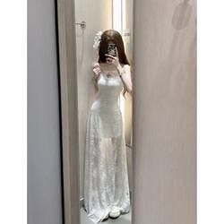 Travel and Vacation Outfit Design, Loose and Versatile, Fashionable Design, Lace Splicing, Niche Lace Long White Dress