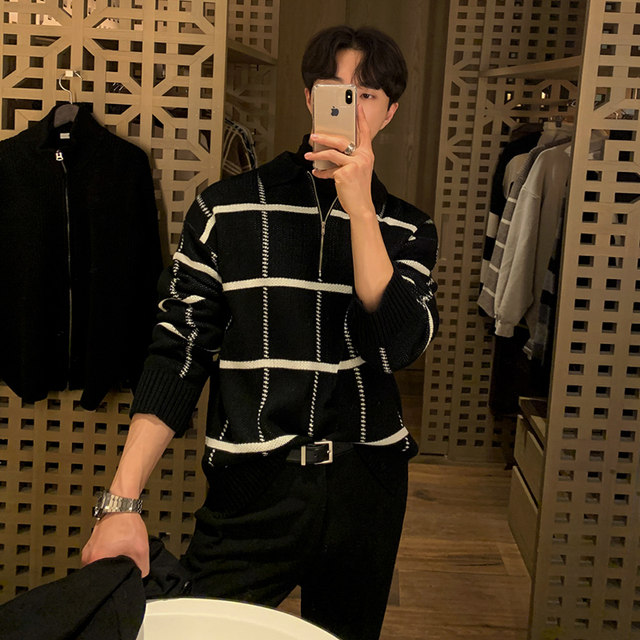 saferido      -shop black men fashion urban Japanese Style Lapel Sweater Men's Autumn Korean Style Trendy Lazy Style Versatile Striped Pullover Half Zipper Knitted Coat Trendy