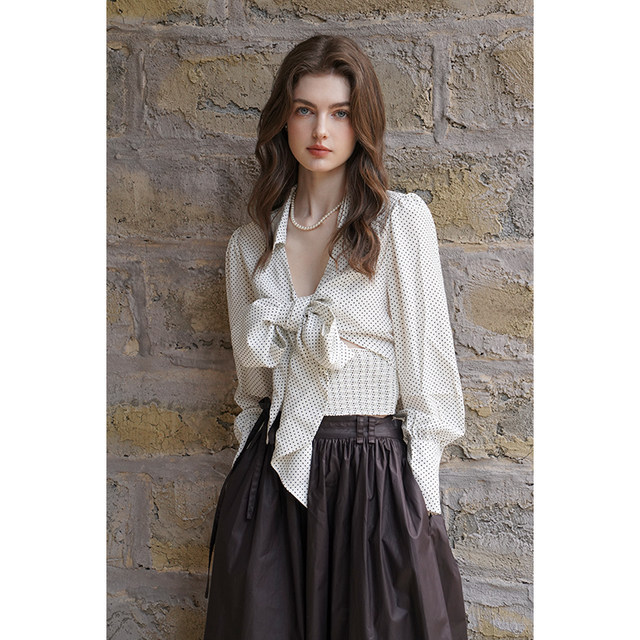 miorastudio French retro polka dot white shirt for women with niche design spring strap bow top