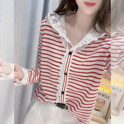 2026 Spring and Autumn New Women's Unique and Beautiful Striped Hooded Sweatshirt with Niche Design Lace Hoodie Top