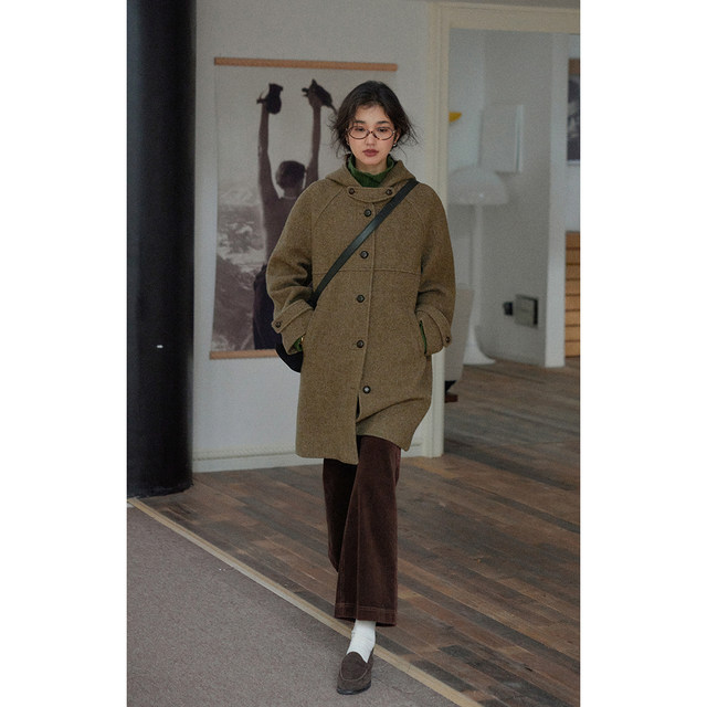 Solighter French full wool herringbone hooded mid-length coat for women's new winter woolen jacket