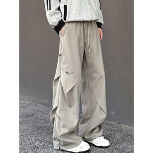 
American high street paratrooper overalls men's trendy brand design pleated casual pants loose wide-leg spring drape trousers