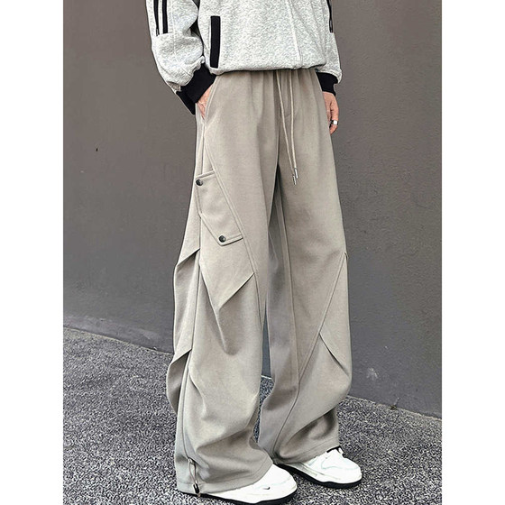 
American high street paratrooper overalls men's trendy brand design pleated casual pants loose wide-leg spring drape trousers