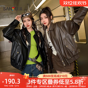 
Sanfu leather jacket 2025 new autumn fashion retro loose lapel black jacket women's clothing 846474