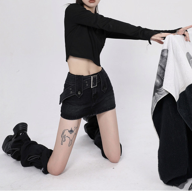 Hot girls wear large size denim skirt for women in summer new style fat girls look slim mm high waist hips big belt short skirt