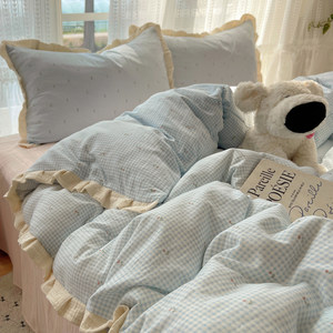 
ins plaid lace bedding four-piece set pure cotton ruffled yarn sheets and quilt cover dormitory three-piece set 4