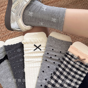 
Gray bow miu style boneless socks for women mid-calf socks cotton socks spring and autumn ballet style Korean style pile socks for women