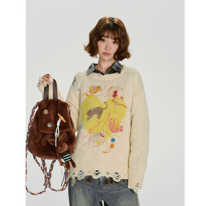 
Girlyhalo American retro hole printed round neck pullover sweater for women autumn and winter new loose lazy top