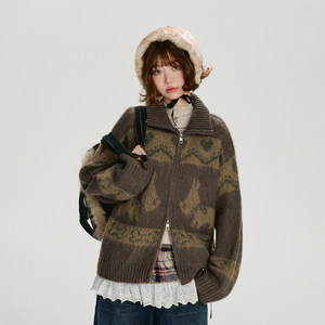 
Girlyhalo American retro Fair Isle jacquard knitted sweater jacket for women winter new loose lazy top