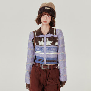 
Girlyhalo American retro double zipper knitted cardigan women's autumn and winter lapel short casual sweater jacket