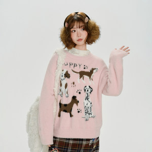 
Girlyhalo American retro animal jacquard round neck pullover sweater for women in autumn and winter new soft waxy loose top