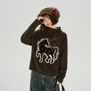 
Girlyhalo American retro heavy-duty jacquard lapel pullover sweater for women in autumn and winter new thickened knitted top