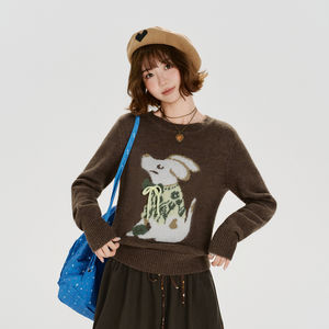 
Girlhalo American retro knitted jacquard round neck pullover sweater for women in autumn and winter new slim fit top