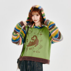 Girlhalo American retro rainbow stripes contrasting hooded sweater for women in autumn and winter loose pullover knitted sweater
