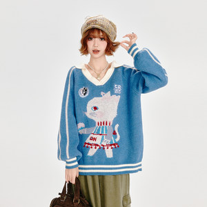 Girlhalo American retro polo neck sweater for women in autumn and winter new design loose V-neck lazy style top