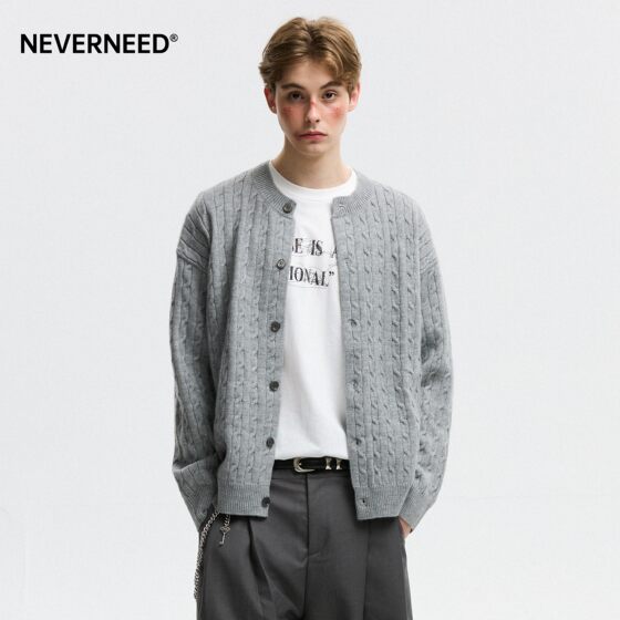 NEVERNEED twist solid color sweater cardigan for men and women early spring American fashion brand texture couple knitted jacket