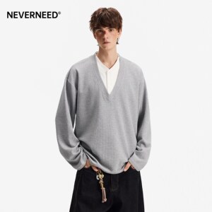 
NEVERNEED old money style waffle shirt collar long-sleeved T-shirt for men and women spring American fashion brand fake two-piece sweatshirt