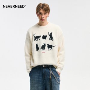 
NEVERNEED kitten jacquard round neck sweater for men and women in autumn and winter American lazy style couple pullover sweater