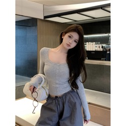 Gray Square Collar Lace Splicing T-shirt For Women 2023 Winter New Slim Fit Short Style Inner Bottoming Shirt Top