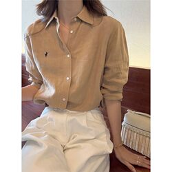 Little Horse Embroidered Linen Shirt for Women, Spring and Autumn 2026 New Thin Style, Old Money Style Outerwear, Autumn Cotton-Linen Casual Shirt