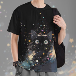 Trendy Brand Cute Star Cat Universe Galaxy Cartoon Ins Large Size Quick-Drying T-Shirt for Men and Women 0015 Design Unbounded