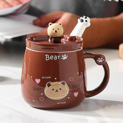 Cute Bear Drinking Cup for Home Use, Ceramic Mug with Lid and Spoon, Cartoon Couple Cup, High-Looking Creative Coffee Cup
