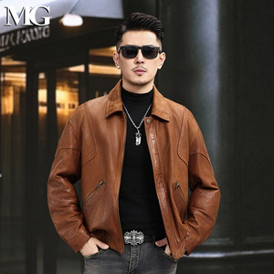 
2025 Hong Kong style loose trend genuine leather leather jacket for men's top layer goat leather jacket lapel short motorcycle leather jacket
