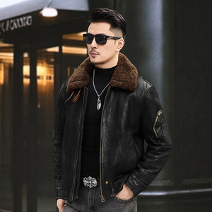 
2025 US Air Force Flying Genuine Leather Jacket with Velvet and Cotton Goat Leather Jacket Trendy Men's Fleece Collar Motorcycle Leather Jacket