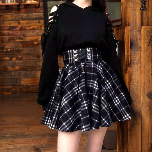 Black and white plaid wool skirt autumn and winter new lace-up zipper skirt versatile anti-exposure A-line pleated skirt for women
