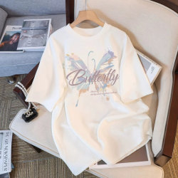 Pure Cotton Short-Sleeve T-Shirt for Women, 2026 Summer, Mid-Length, Loose Fit, Slimming, Butterfly Print Design, Versatile Top