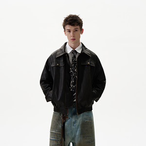 MADWITCH American retro old leather jacket men's handsome casual vintage PU leather cardigan jacket ins