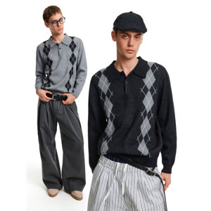 
MADWITCH autumn and winter retro contrasting diamond sweater sweater for men and women commuting casual polo collar pullover top