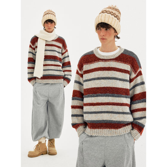 
MADWITCH retro contrast striped wool blended sweater for men and women loose casual atmosphere pullover sweater