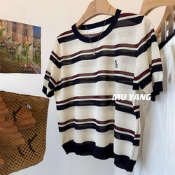 Summer Loose Stripesd Short-Sleeved Right Shoulder Fashionable T-Shirt Knitwear Korean Round Neck Thin Pullover Short Top for Women