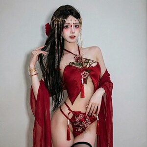 
Sexy red embroidered halter neck bellyband women's shawl uniform suit Chinese ancient style palace wear erotic underwear