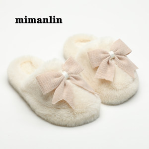 
Bow-tie flat-soled furry slippers for women to wear for autumn and winter, cute non-slip soft-soled plush indoor home Baotou cotton slippers