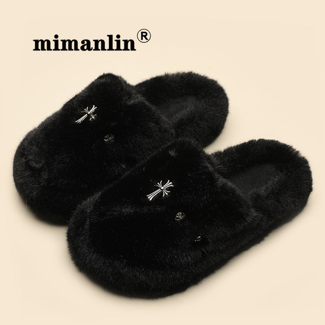 Flat-soled toe-toe furry slippers for women for outer wear, high-end indoor and home non-slip plus velvet warm lazy cotton slippers