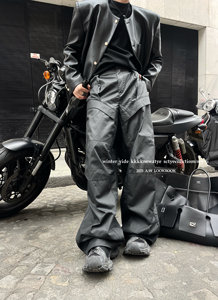 
kkkk dark style Parisian old dream design motorcycle leather pants with pleated straight casual wide-leg trousers for men
