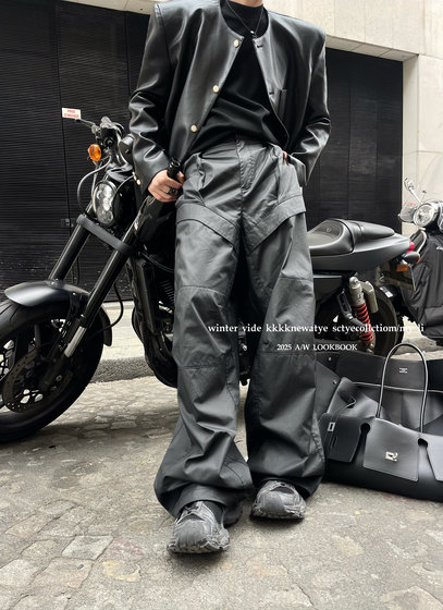 
kkkk dark style Parisian old dream design motorcycle leather pants with pleated straight casual wide-leg trousers for men