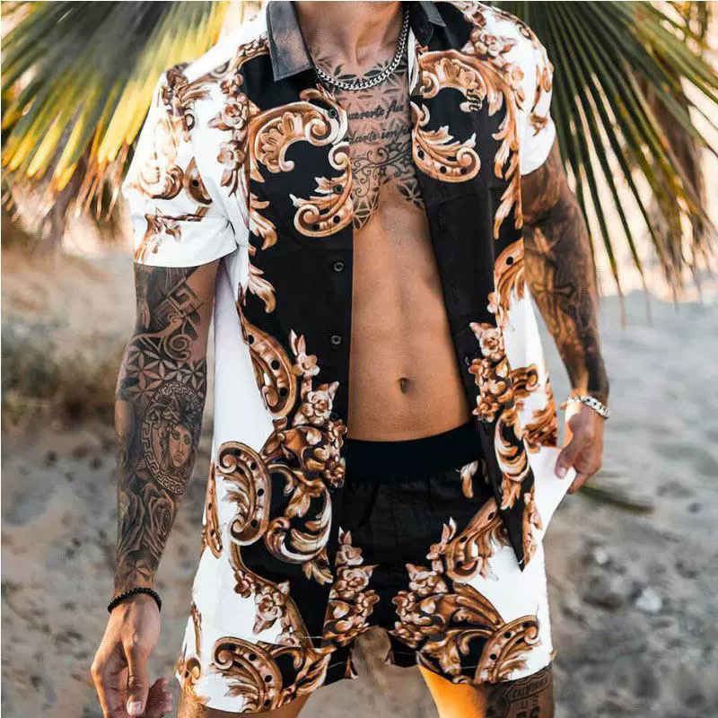 Hawaiian Print Short Sleeve Shirt Set Men's Beach Shirt-Taobao